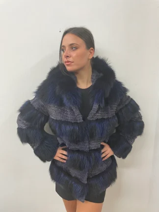 Fur racoonn and stripes rabbit jacket, blue color , natural fur, womans winter coat