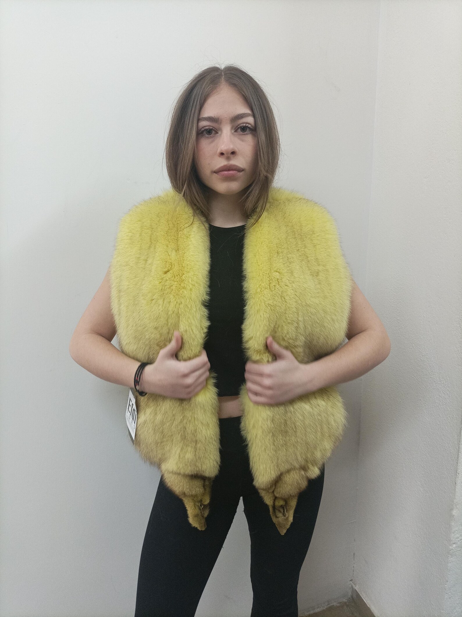 Fox Fur Vest: Yellow Fluffy Winter Garment, Size M - Image 3