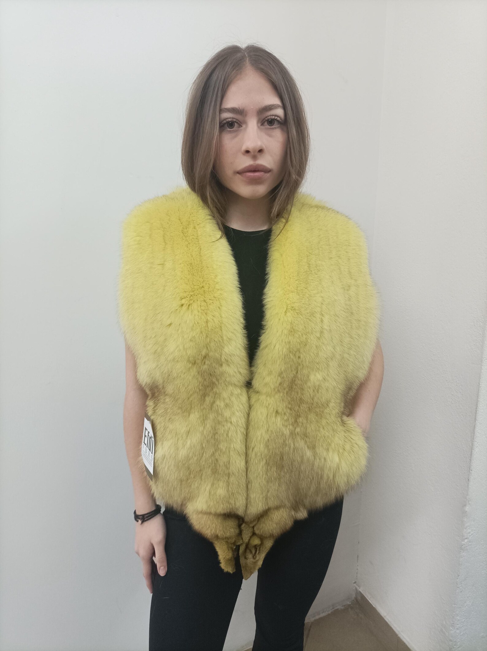 Fox Fur Vest: Yellow Fluffy Winter Garment, Size M - Image 5