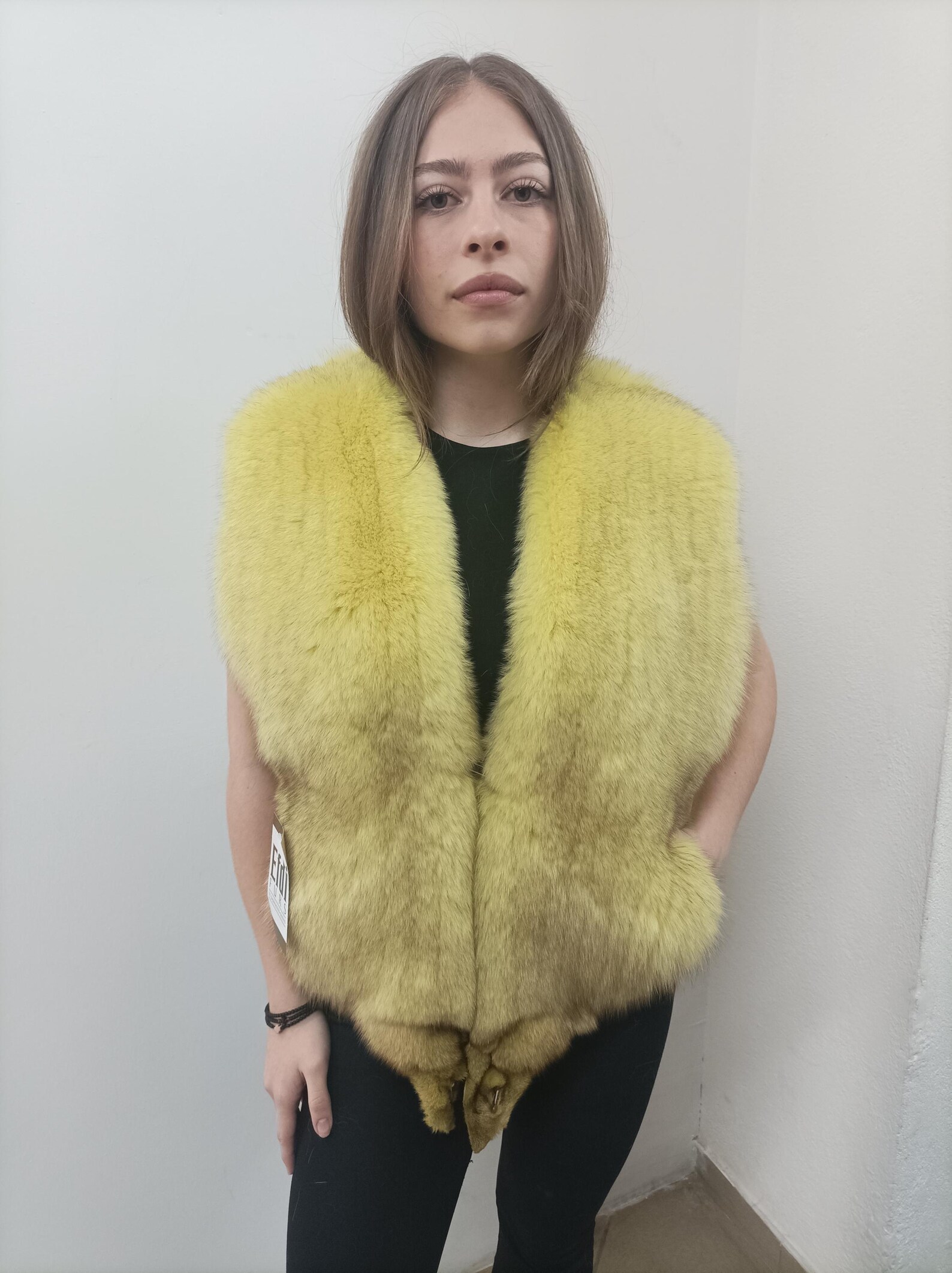 Fox Fur Vest: Yellow Fluffy Winter Garment, Size M - Image 6