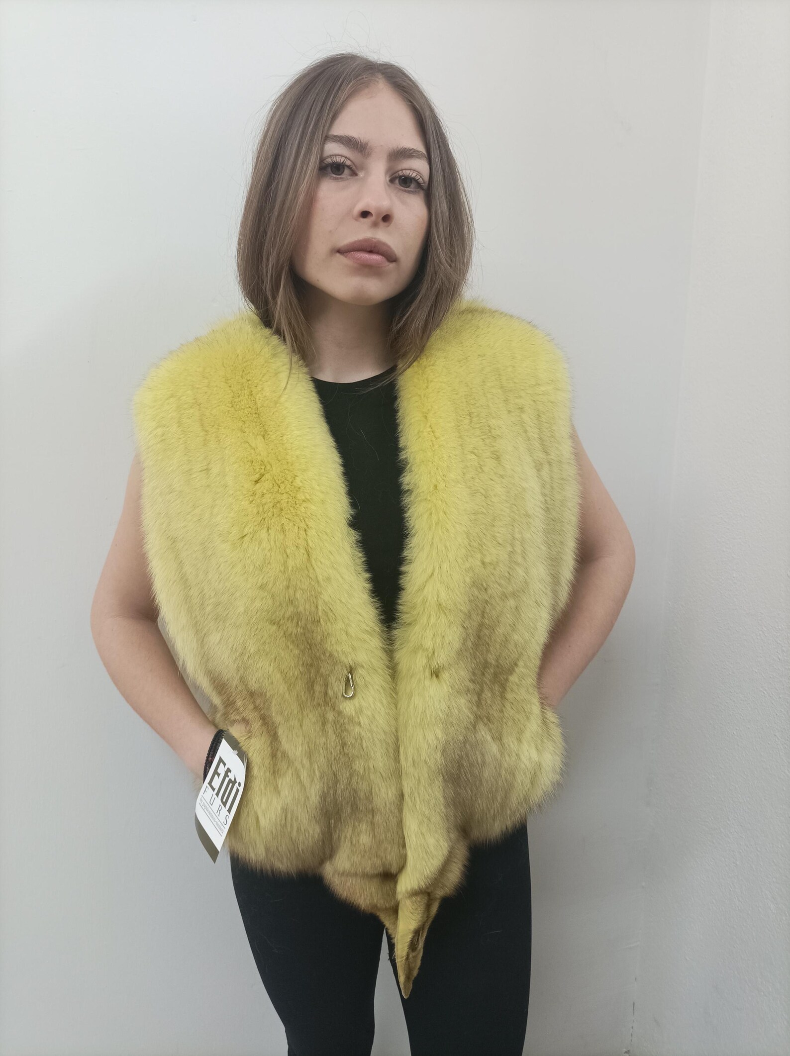Fox Fur Vest: Yellow Fluffy Winter Garment, Size M - Image 8