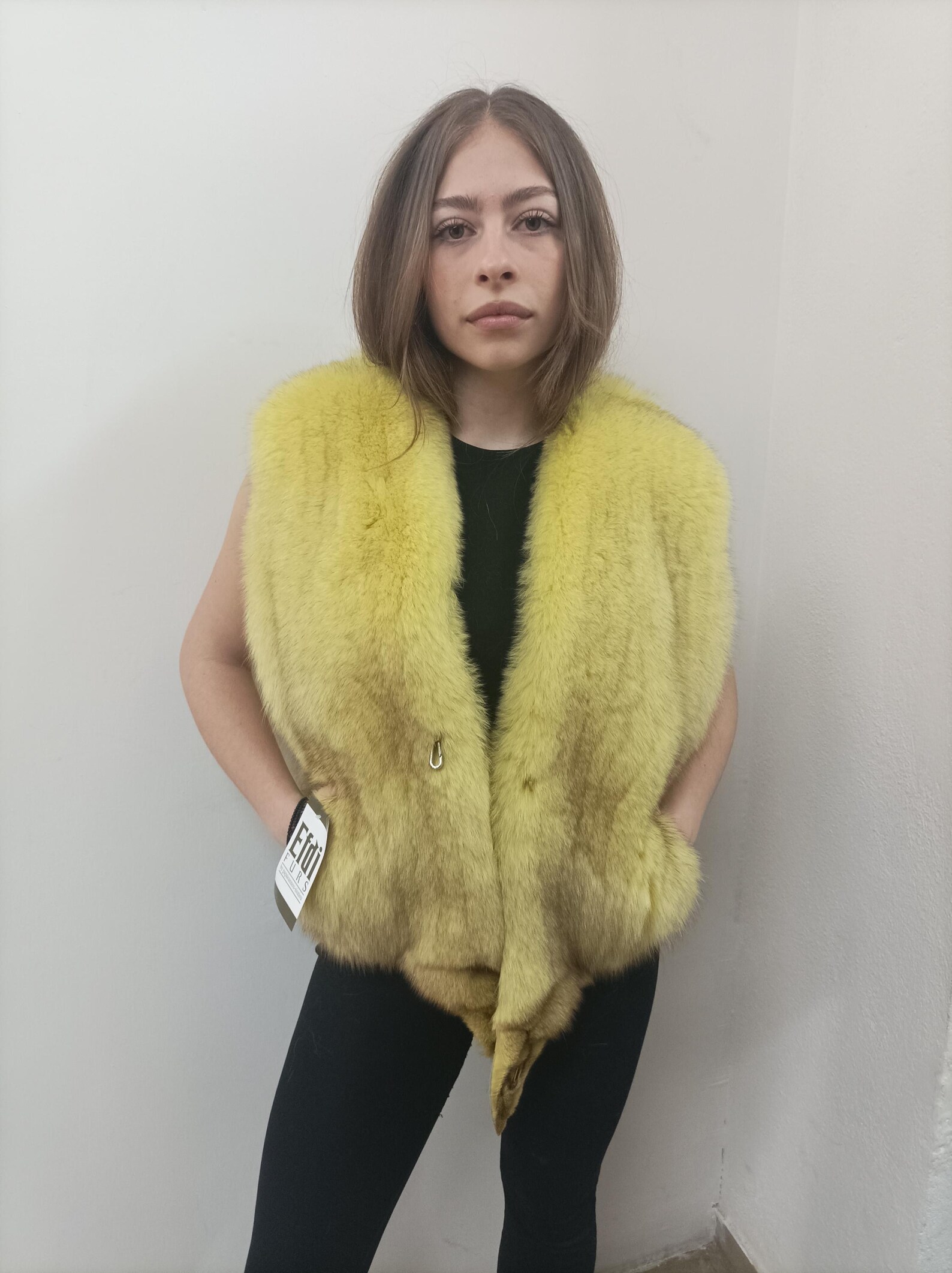 Fox Fur Vest: Yellow Fluffy Winter Garment, Size M - Image 9