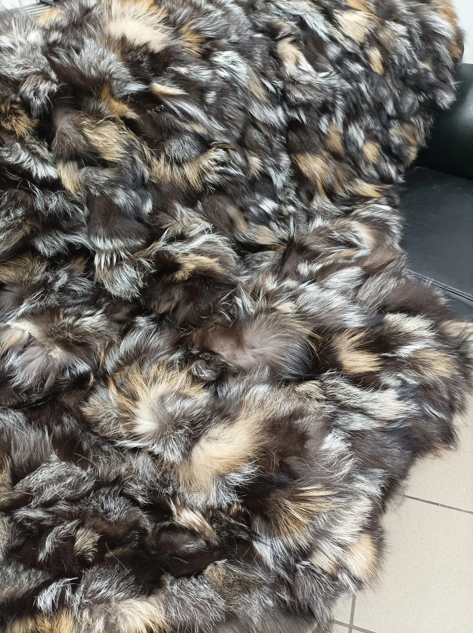 Real Fox Fur Blanket Throw: Silver, Gold & Brown Home Warmer