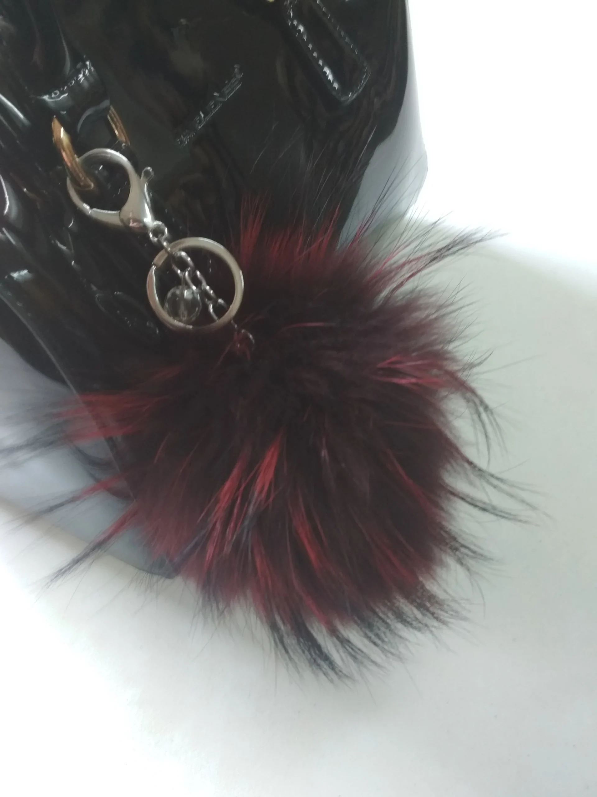 Fur pon pon keychain accessories dark bordo color, - Image 2