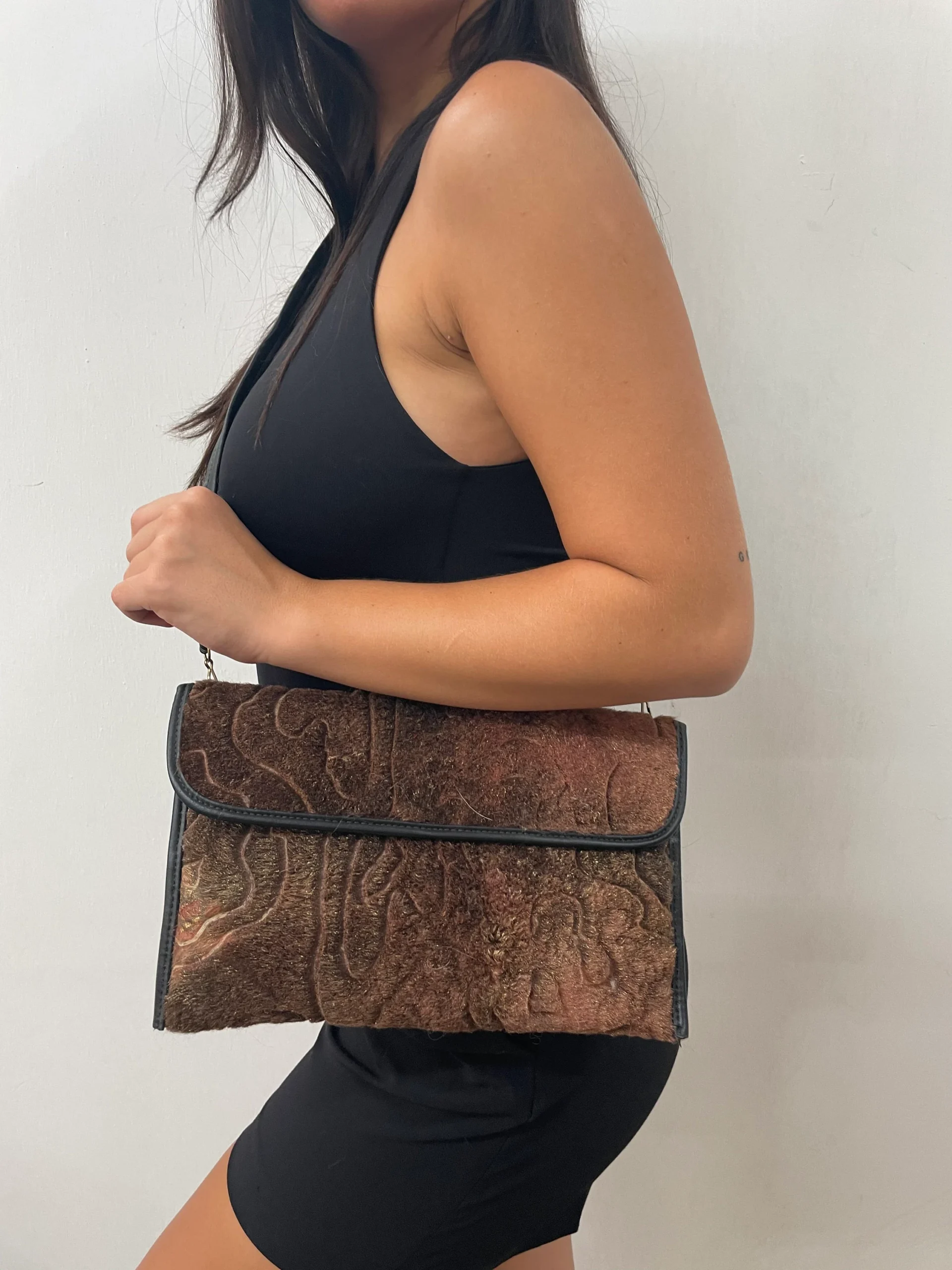 Fur bags,Real Fur mouton stamp bag Brown ang gold colour.fur shoulder bag,