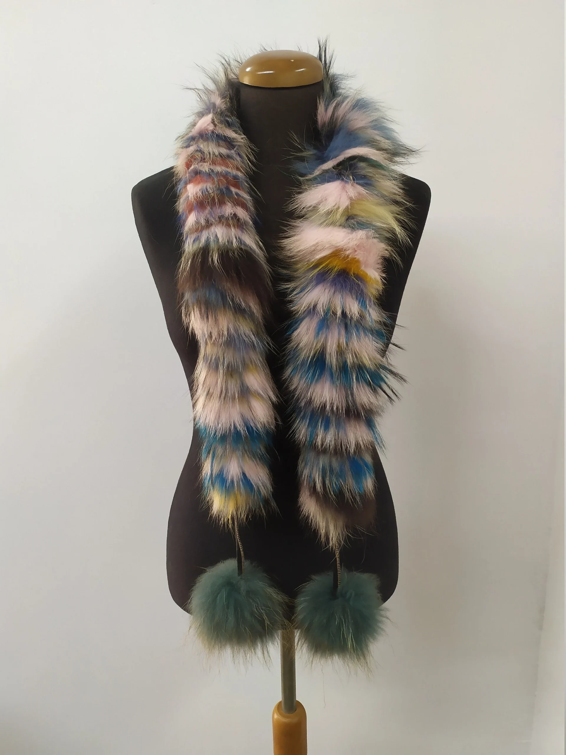 Fur Finn Raccoon multicolor pon pon design scarf fluffy and thick quality.