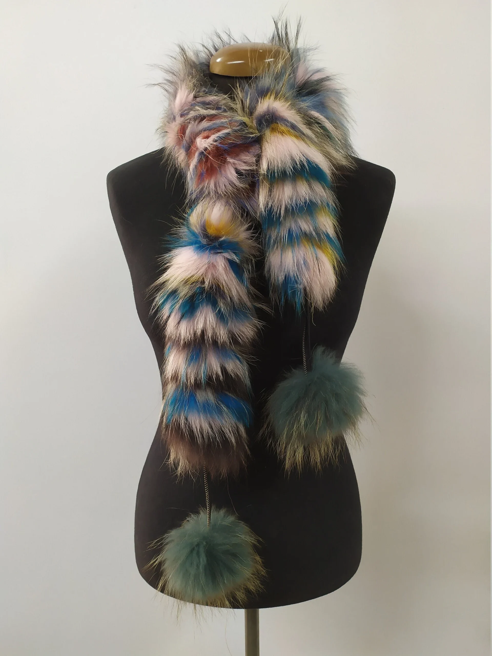Fur Finn Raccoon multicolor pon pon design scarf fluffy and thick quality. - Image 3