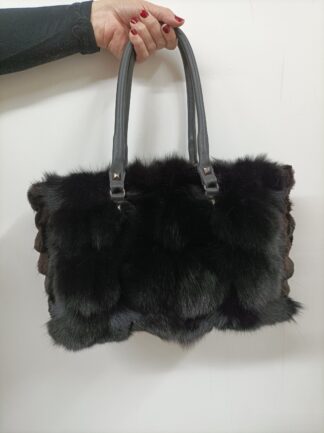 Black Fox Fur Bag: Rex Rabbit Fur Sides, Leather Straps