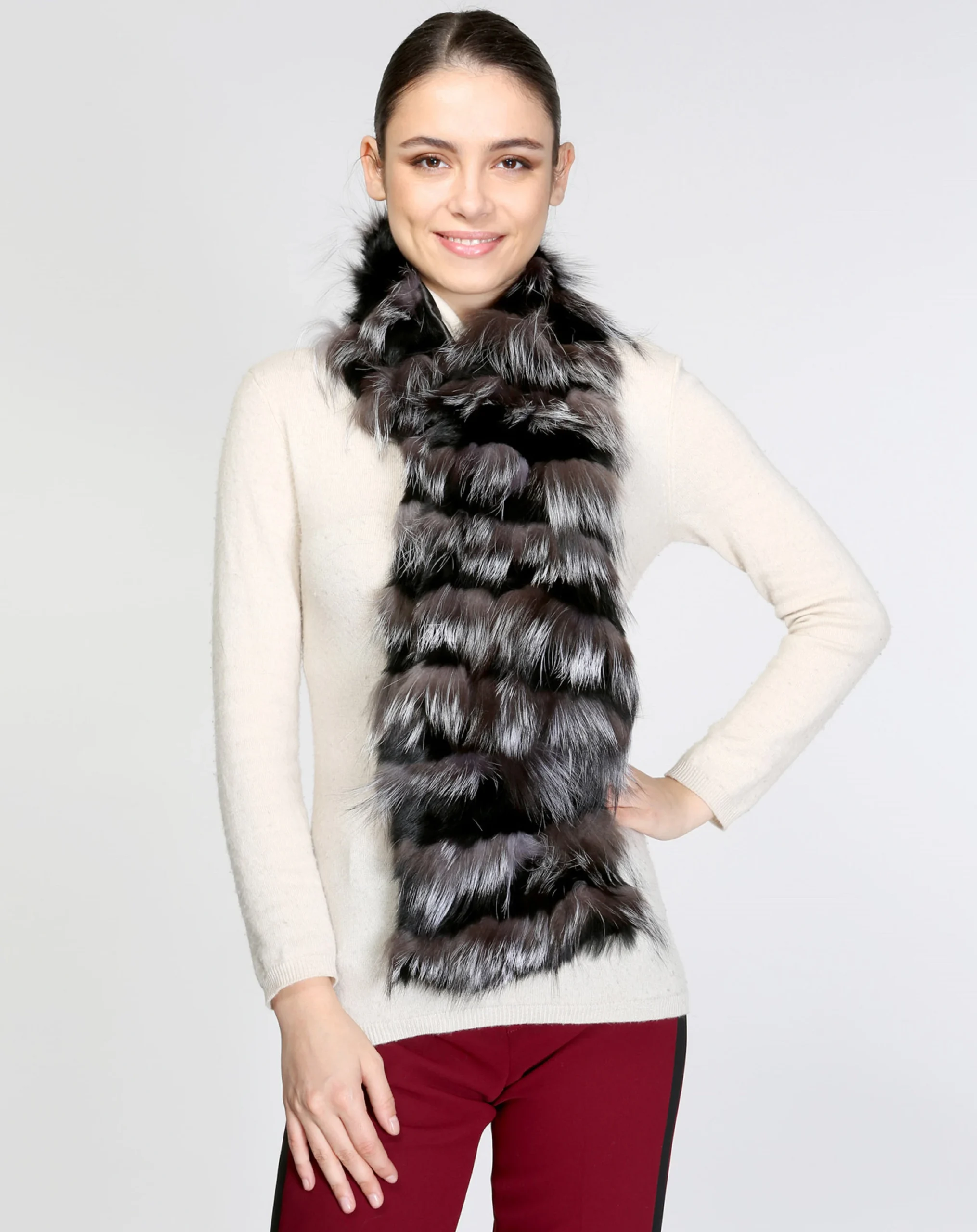 Real fur scarf collar silver Fox with black Rabbiit , Neck warmer
