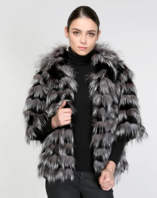 Real Fur silver Fox with Rex Rabbit Cape poncho with Hood, warm garment