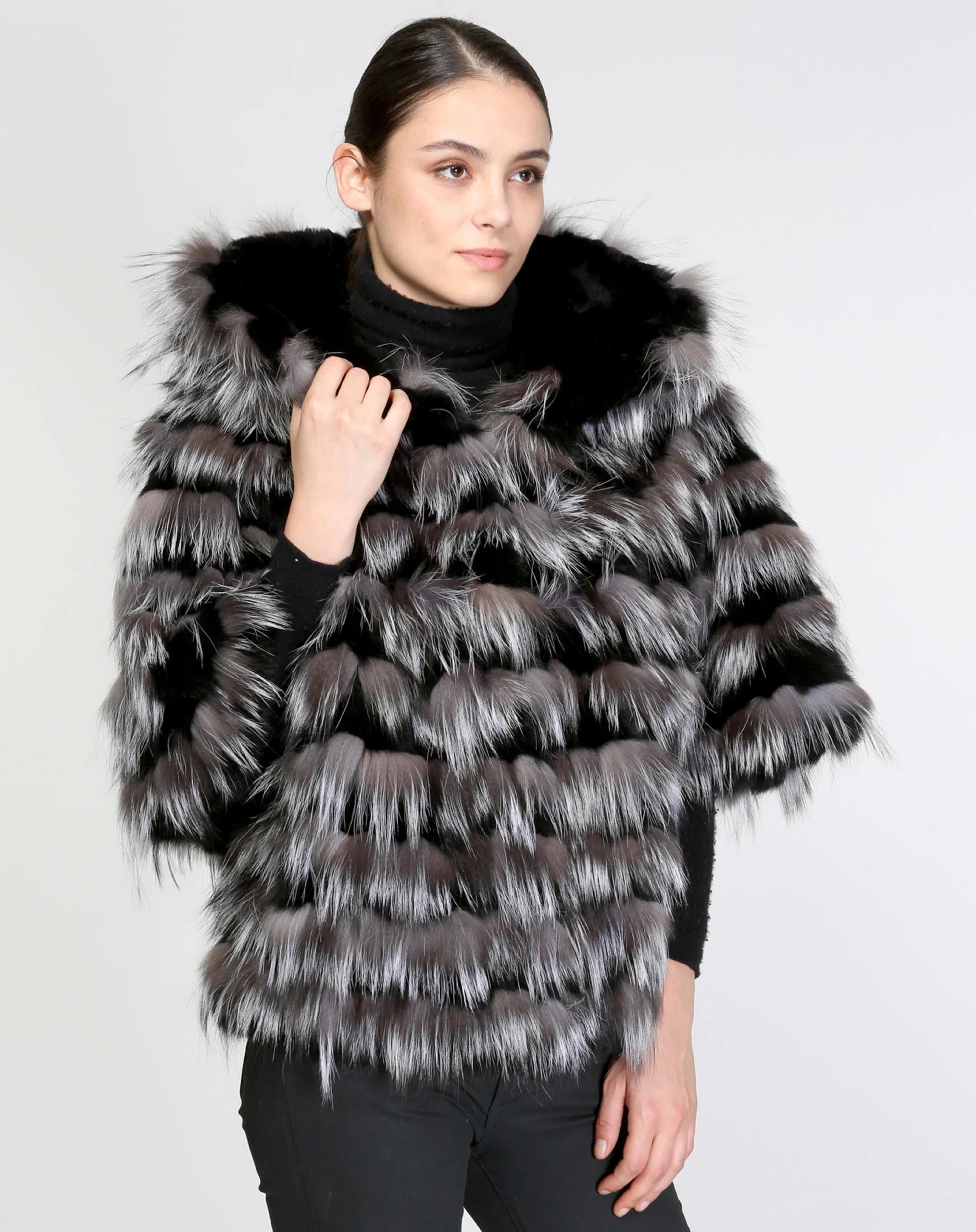 Real Fur silver Fox with Rex Rabbit Cape poncho with Hood, warm garment - Image 2