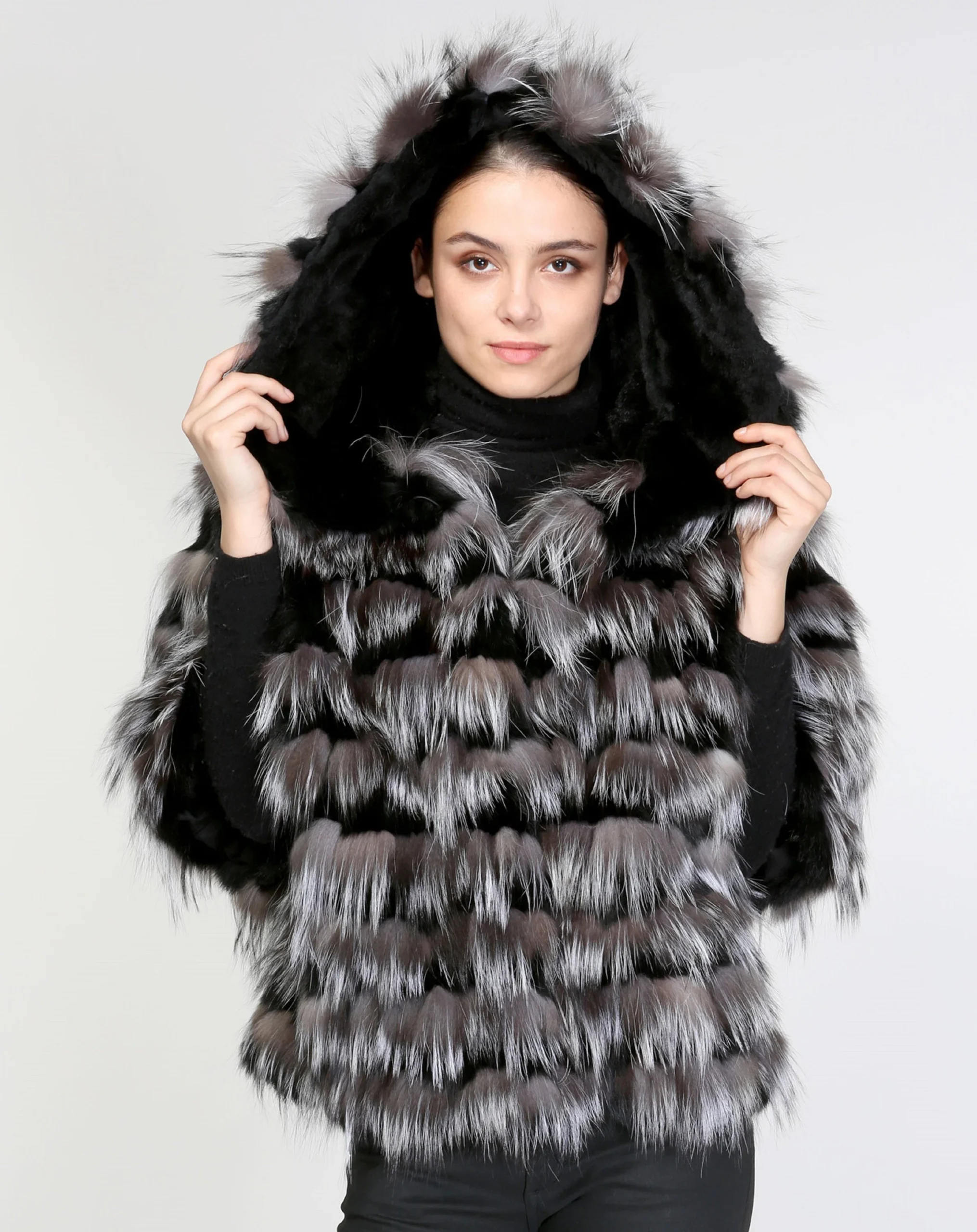 Real Fur silver Fox with Rex Rabbit Cape poncho with Hood, warm garment - Image 3