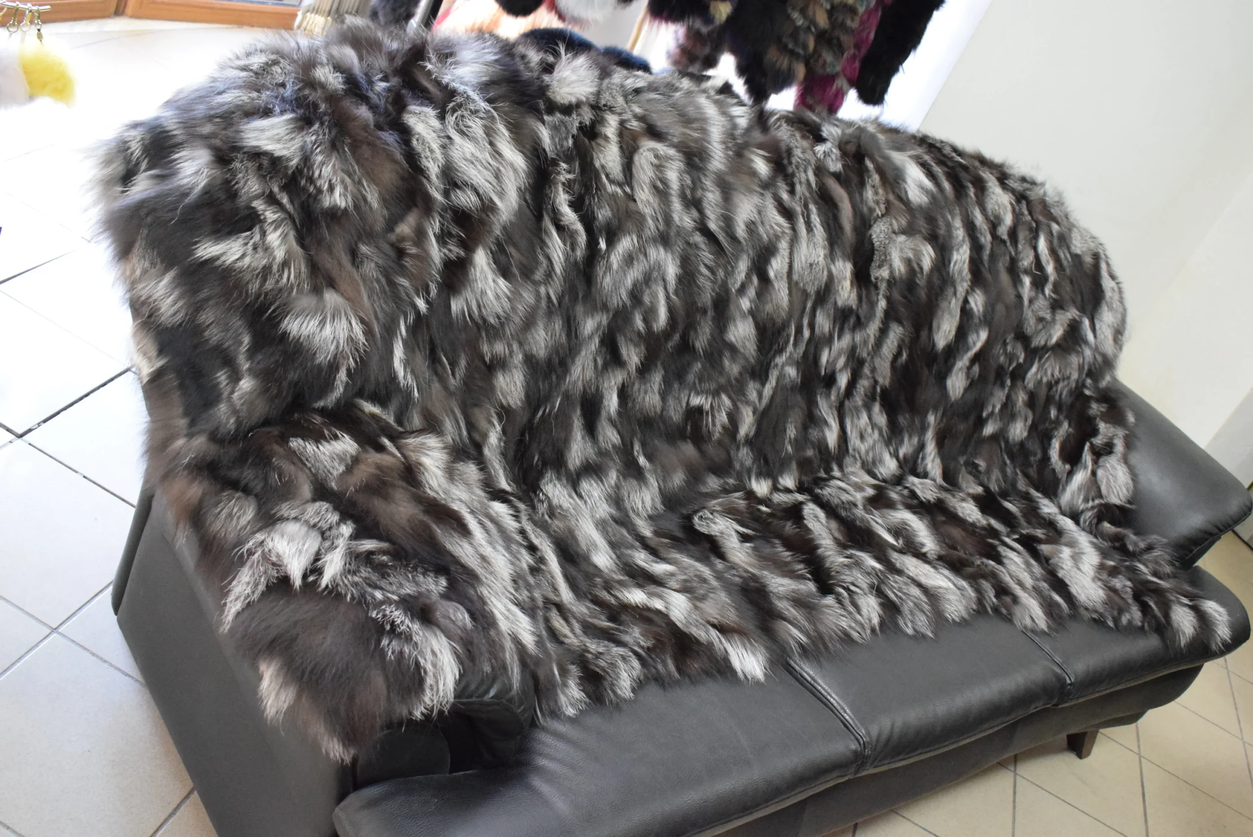 Real Fox fur blanket throw silver black color, Home warmer