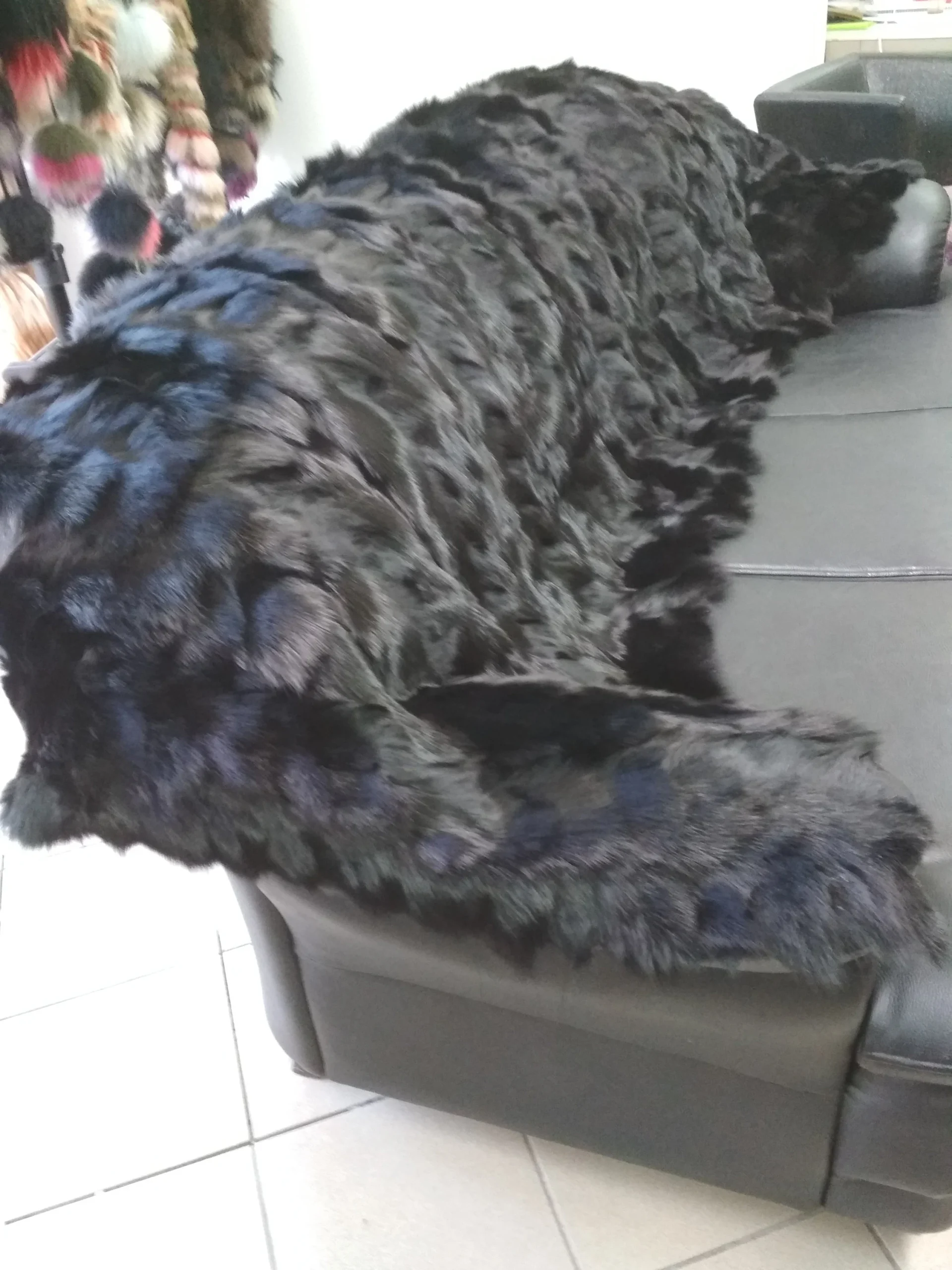 Real Fox fur blanket throw black color, Home warmer