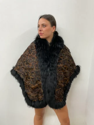 Leopard Goat Fur Bolero Cape with Raccoon Trim