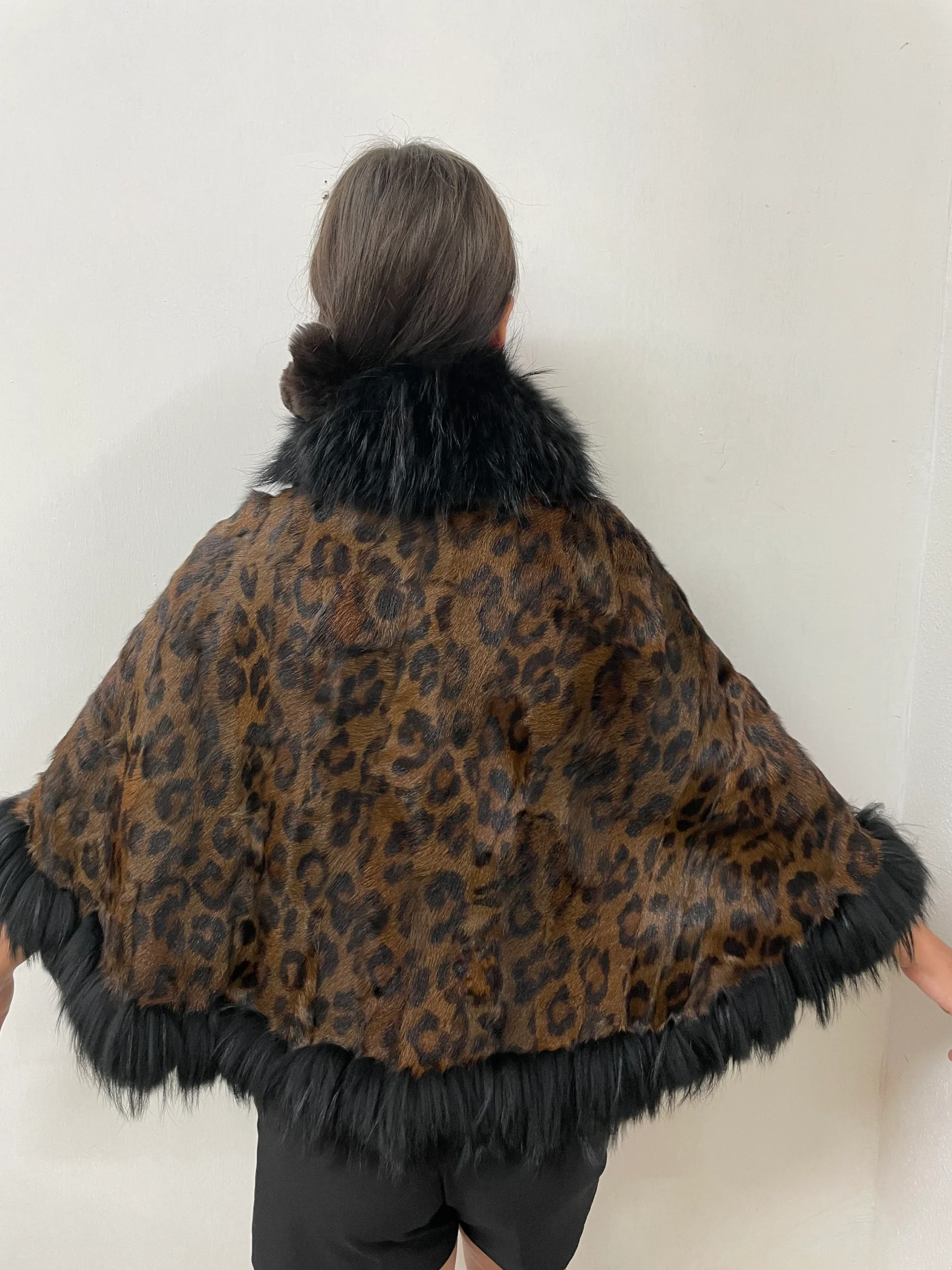 Leopard Goat Fur Bolero Cape with Raccoon Trim - Image 2