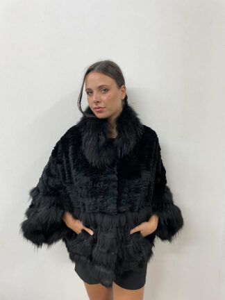 Real Fur black  Finn raccoon with Rex Rabbit Cape poncho, warm garment