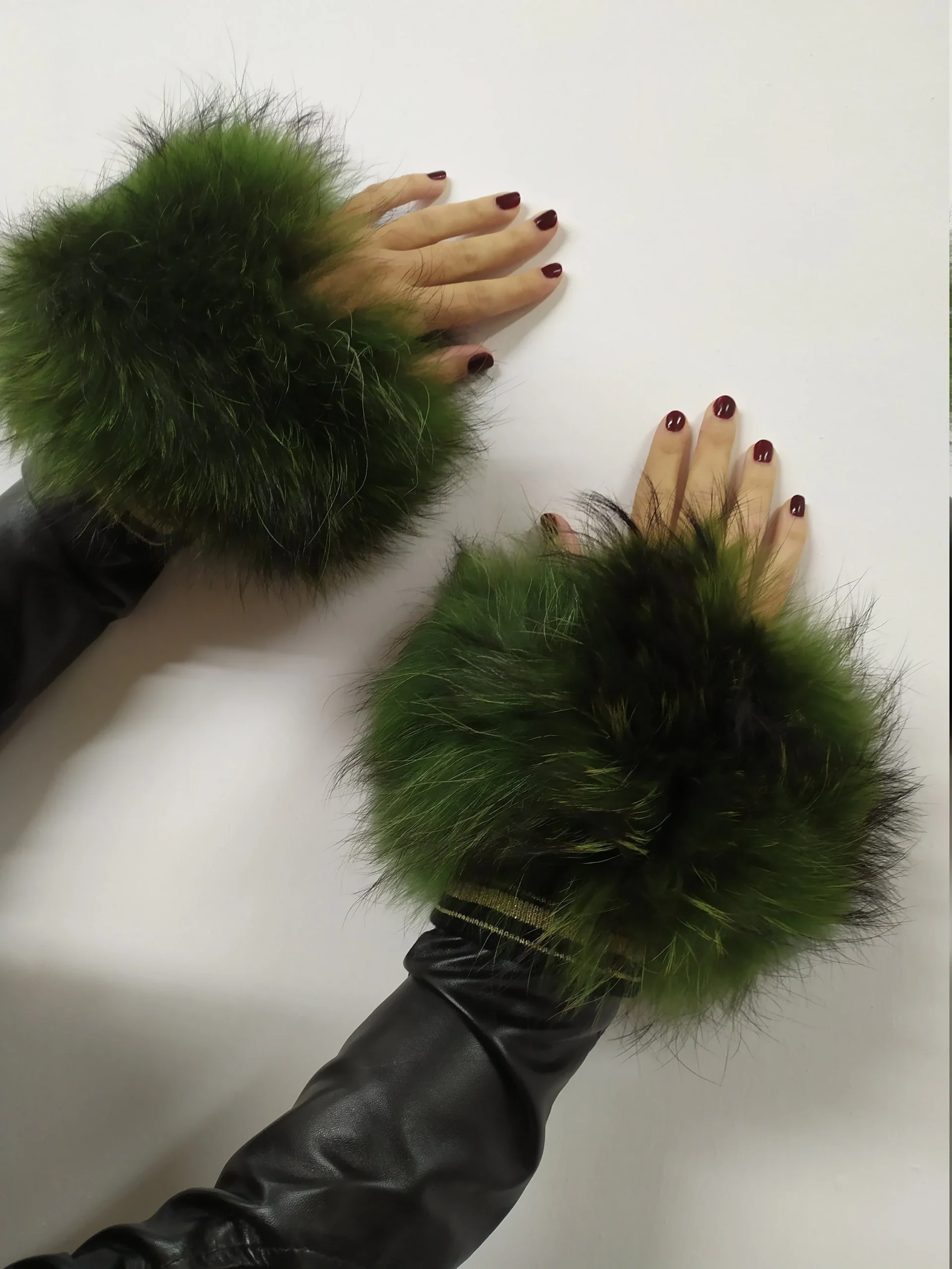 Real Fur Green Finn Raccoon cuffs with elastic on top/ Winter accessories - Image 2