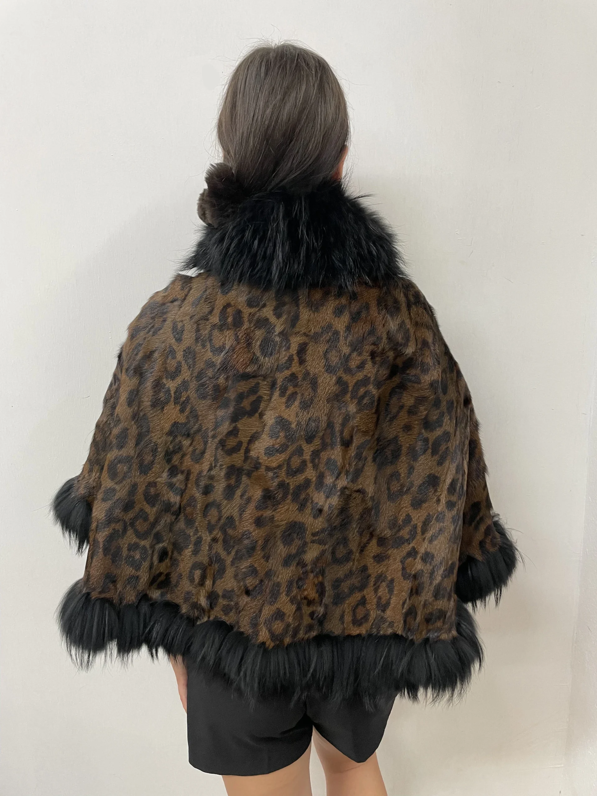 Leopard Goat Fur Bolero Cape with Raccoon Trim - Image 3