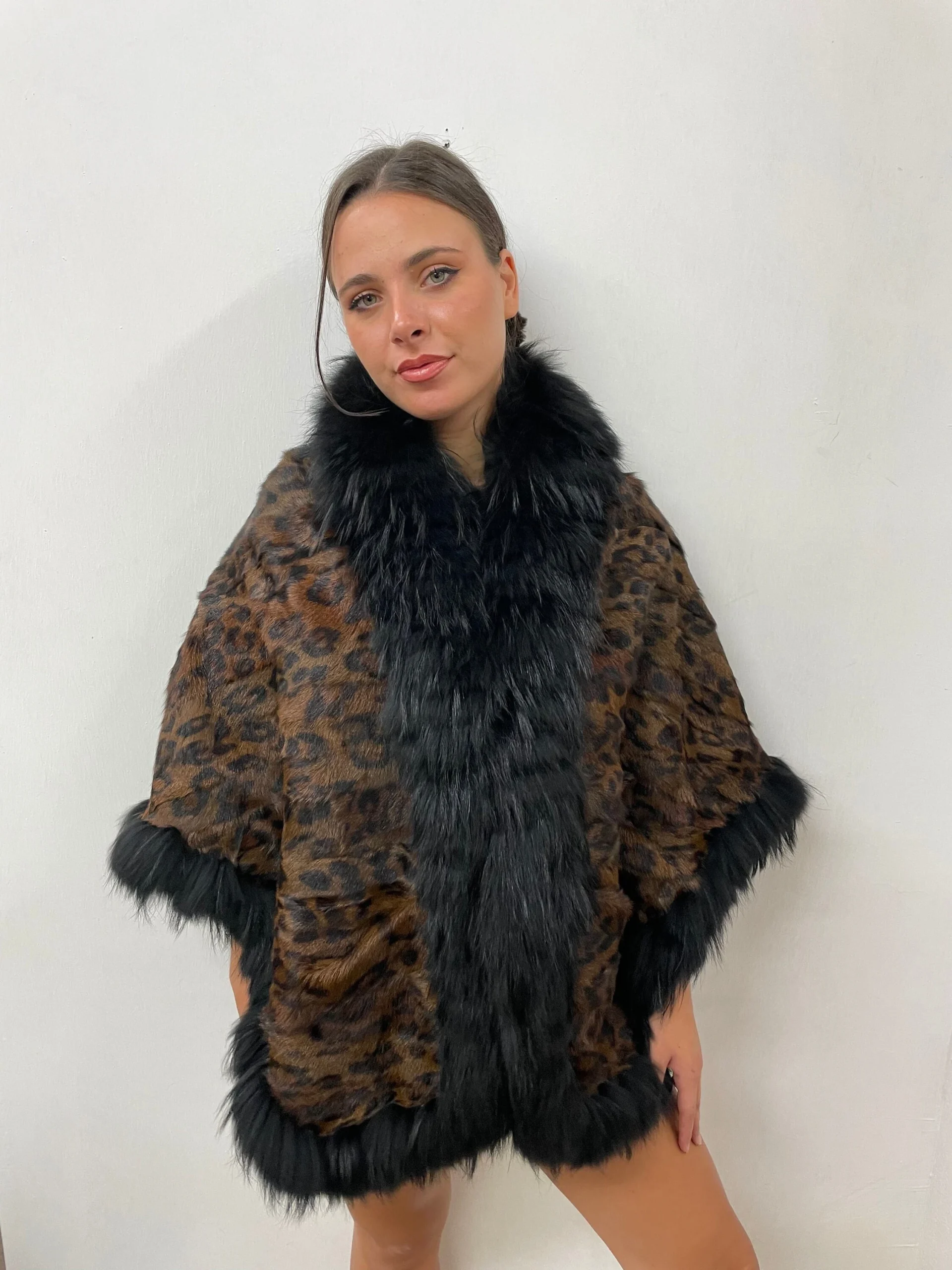 Leopard Goat Fur Bolero Cape with Raccoon Trim - Image 4