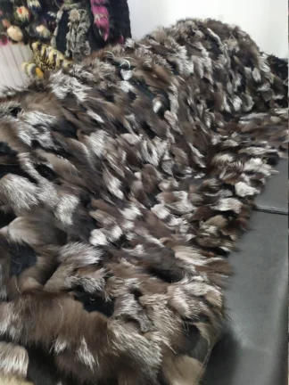 Real Fox and rex rabbit fur blanket throw Silver  and black color, Home warmer