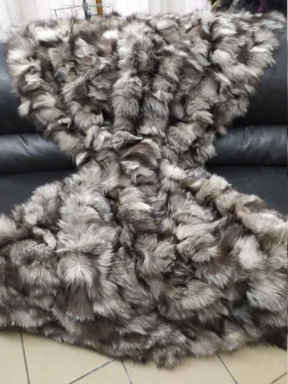 Luxury Real Fox fur blanket throw silver brown color, Home warmer