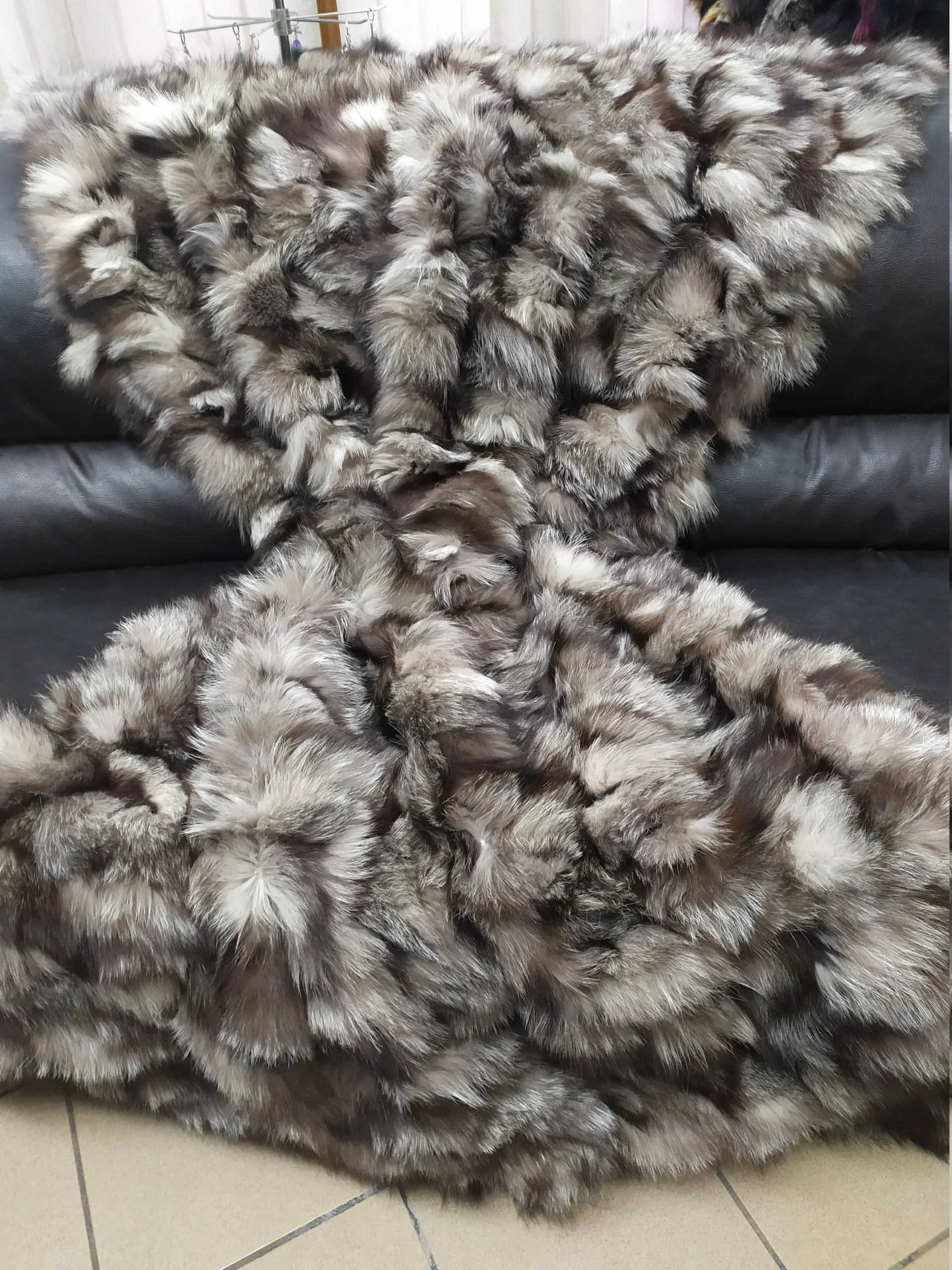 Luxury Real Fox fur blanket throw silver brown color, Home warmer