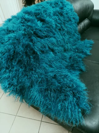 Mongolian Lamb Fur Blanket Throw: Green & Brown Home Warmer (120x98cm)