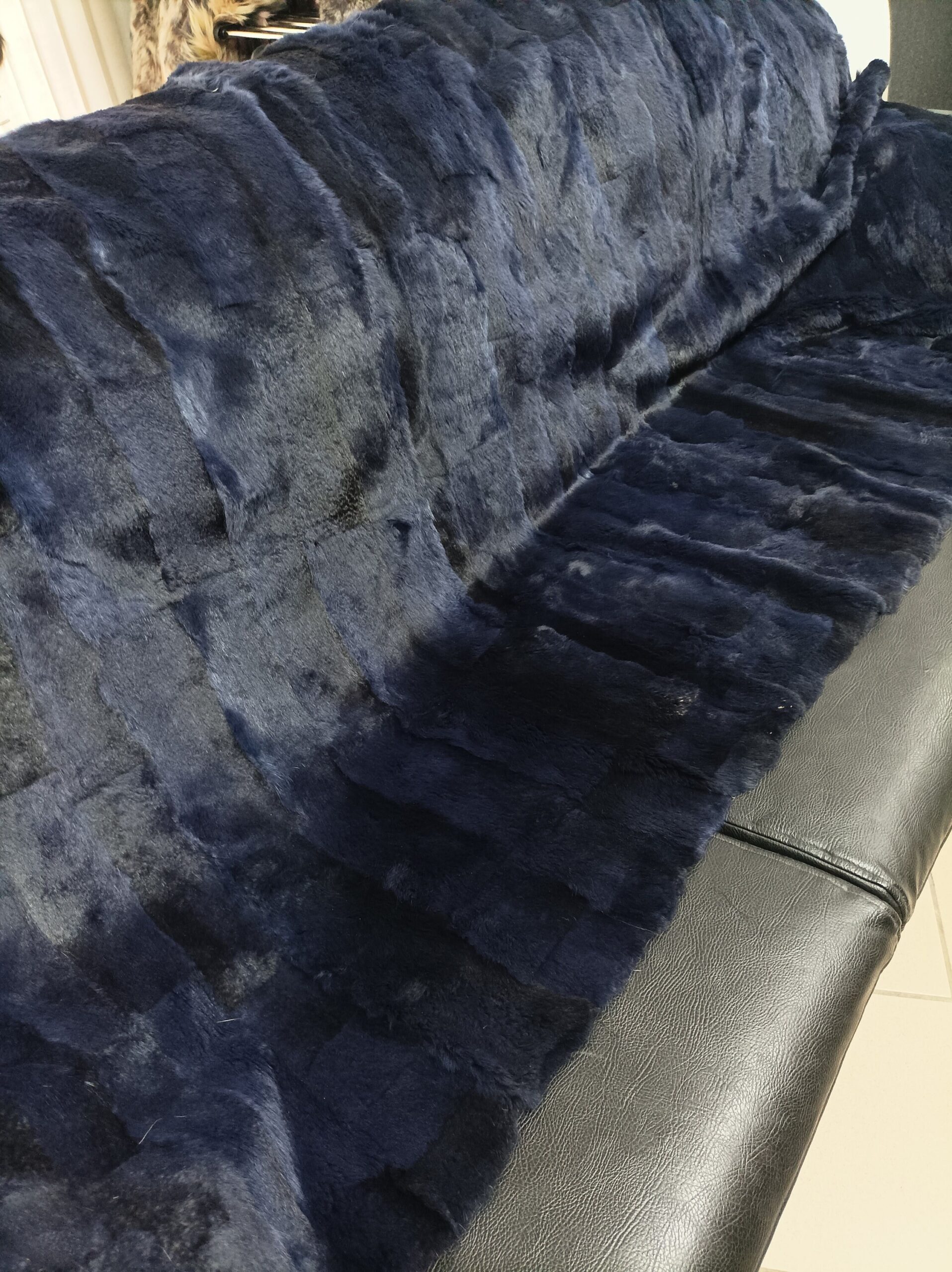 Real Rabbit fur blanket throw blue black color, Home warmer
