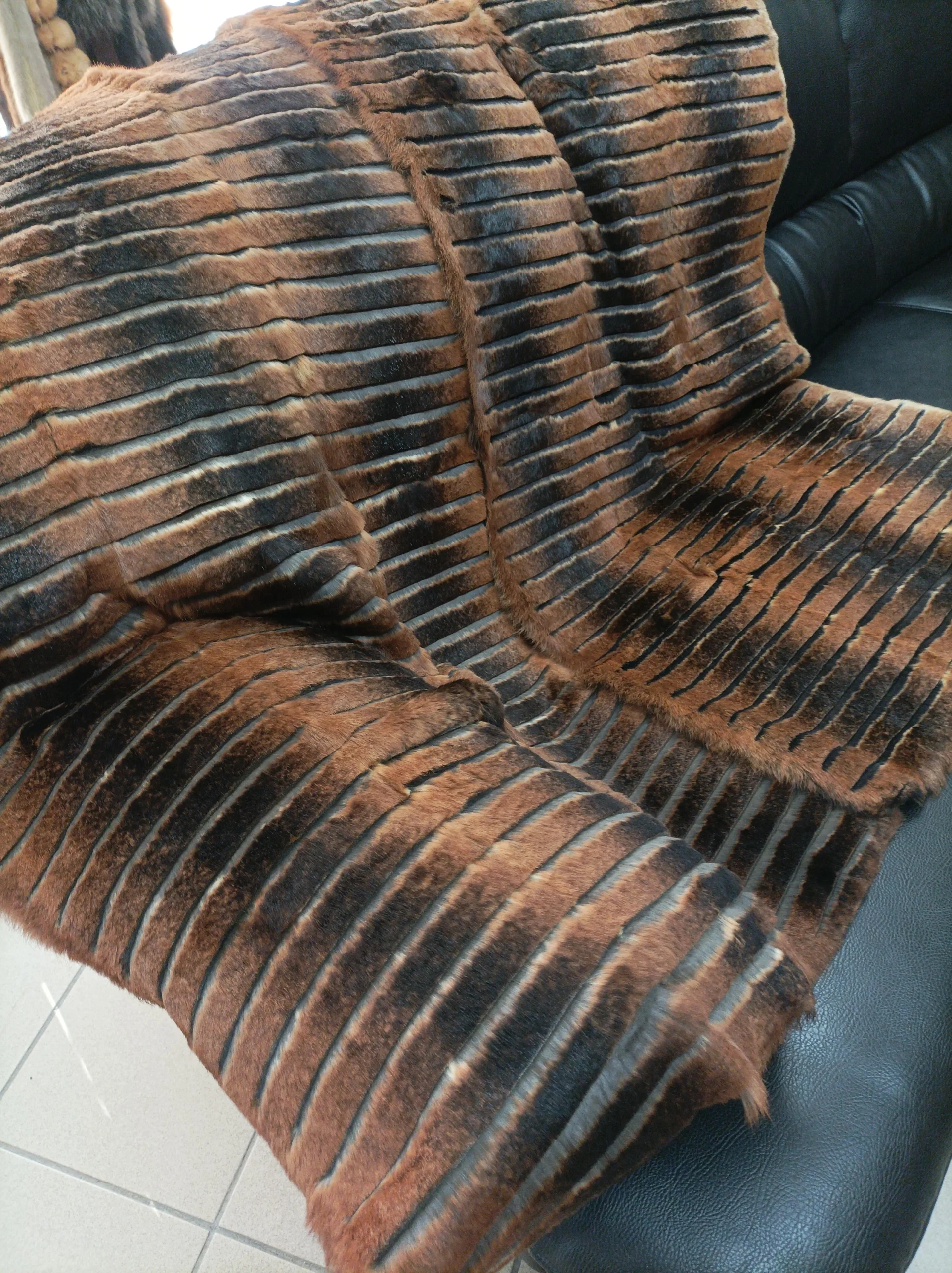 Real Rabbit fur shorn with patterns blanket throw brown orilac color, Home warmer - Image 5
