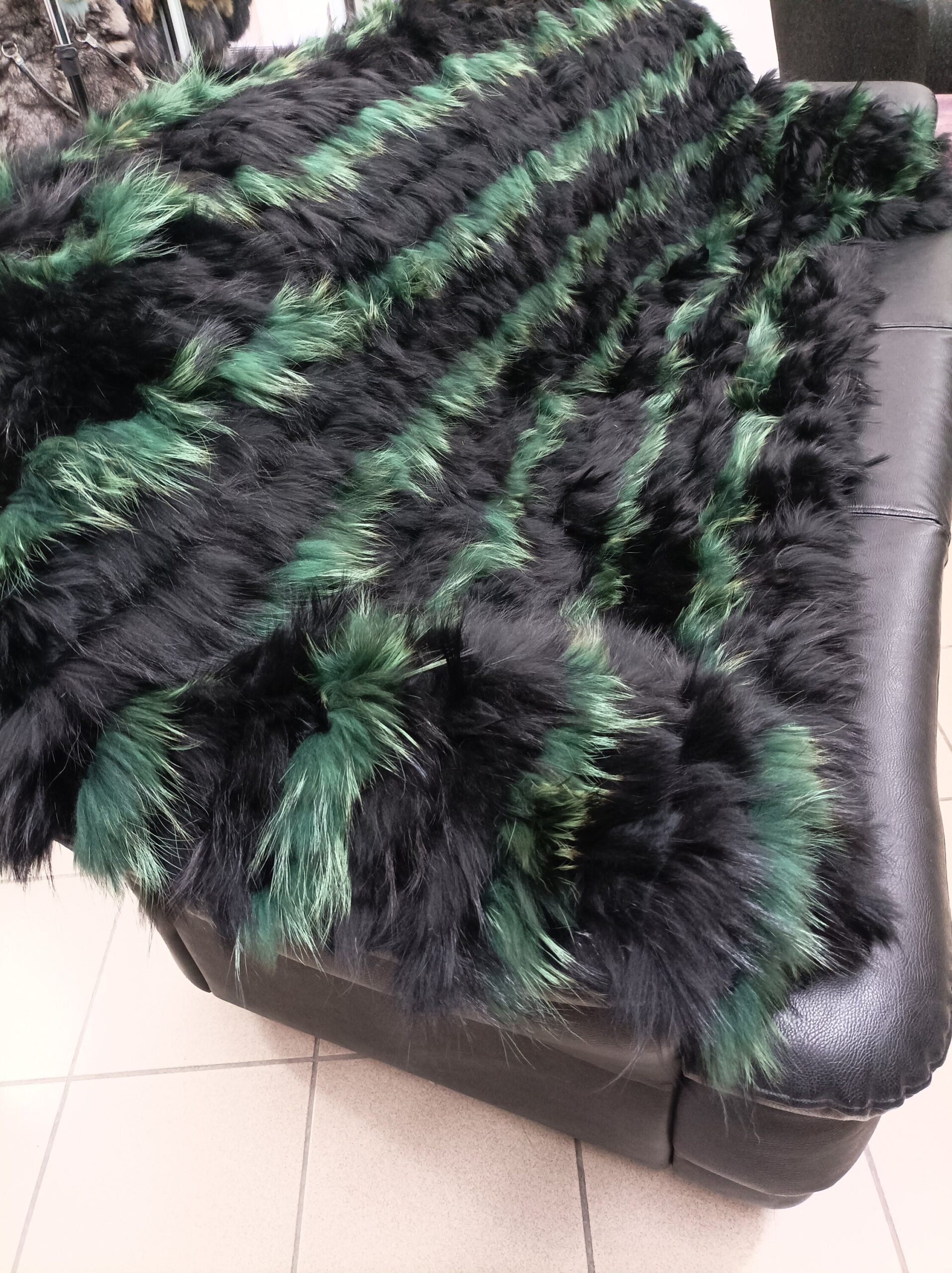 Real Finn raccoon and rex rabbit fur blanket, throw green and black color, Home warmer - Image 3