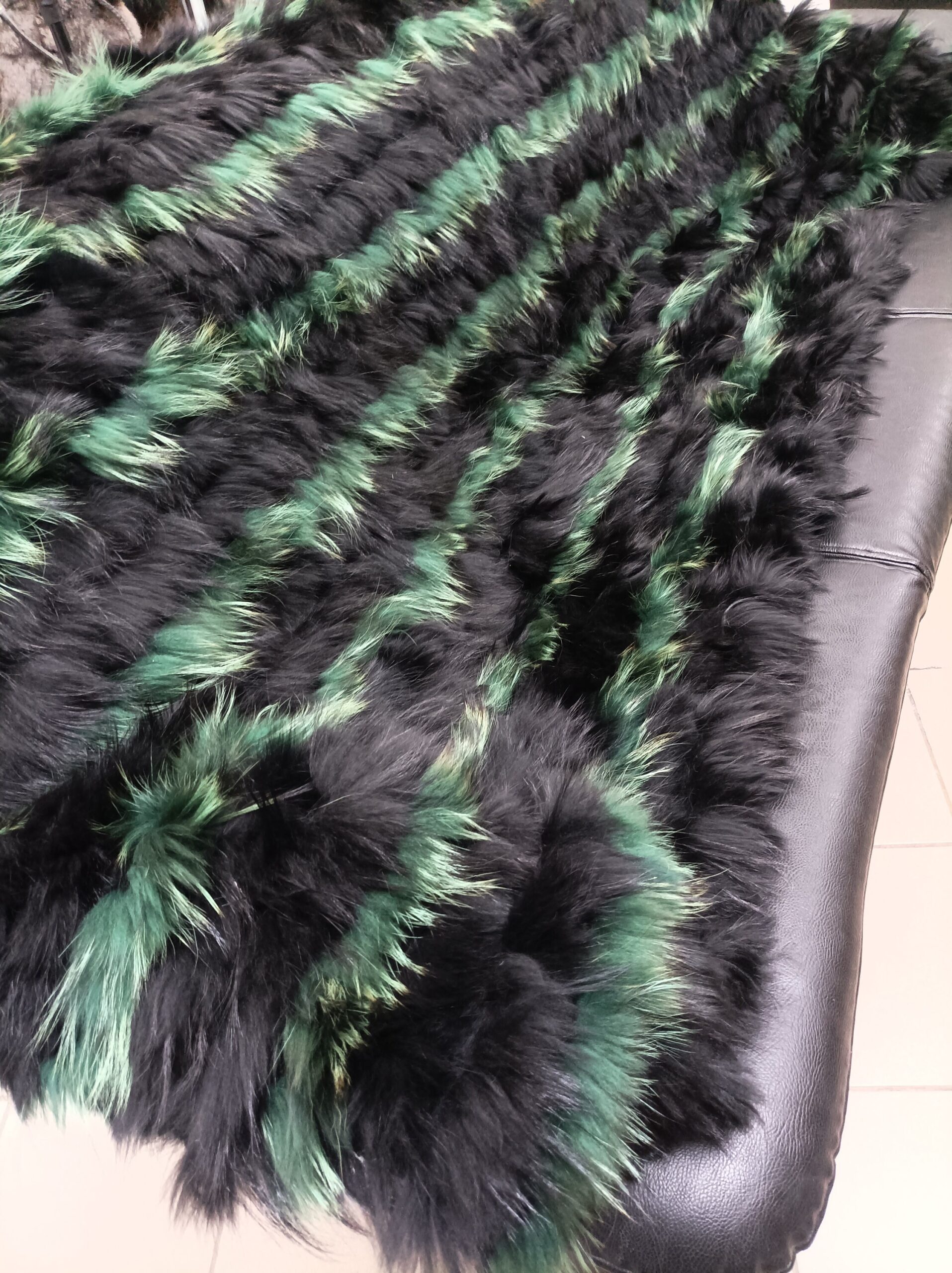 Real Finn raccoon and rex rabbit fur blanket, throw green and black color, Home warmer - Image 4