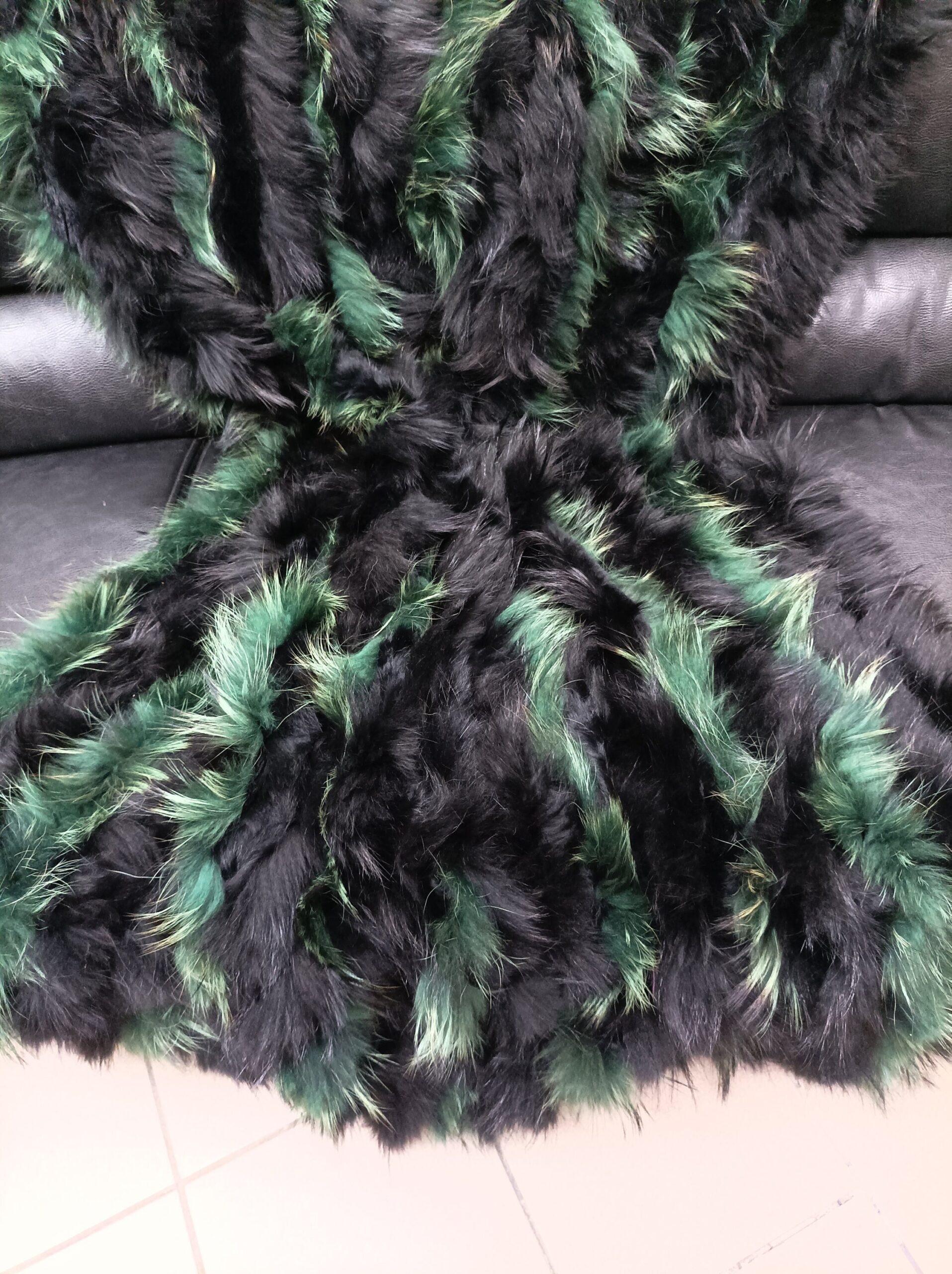 Real Finn raccoon and rex rabbit fur blanket, throw green and black color, Home warmer