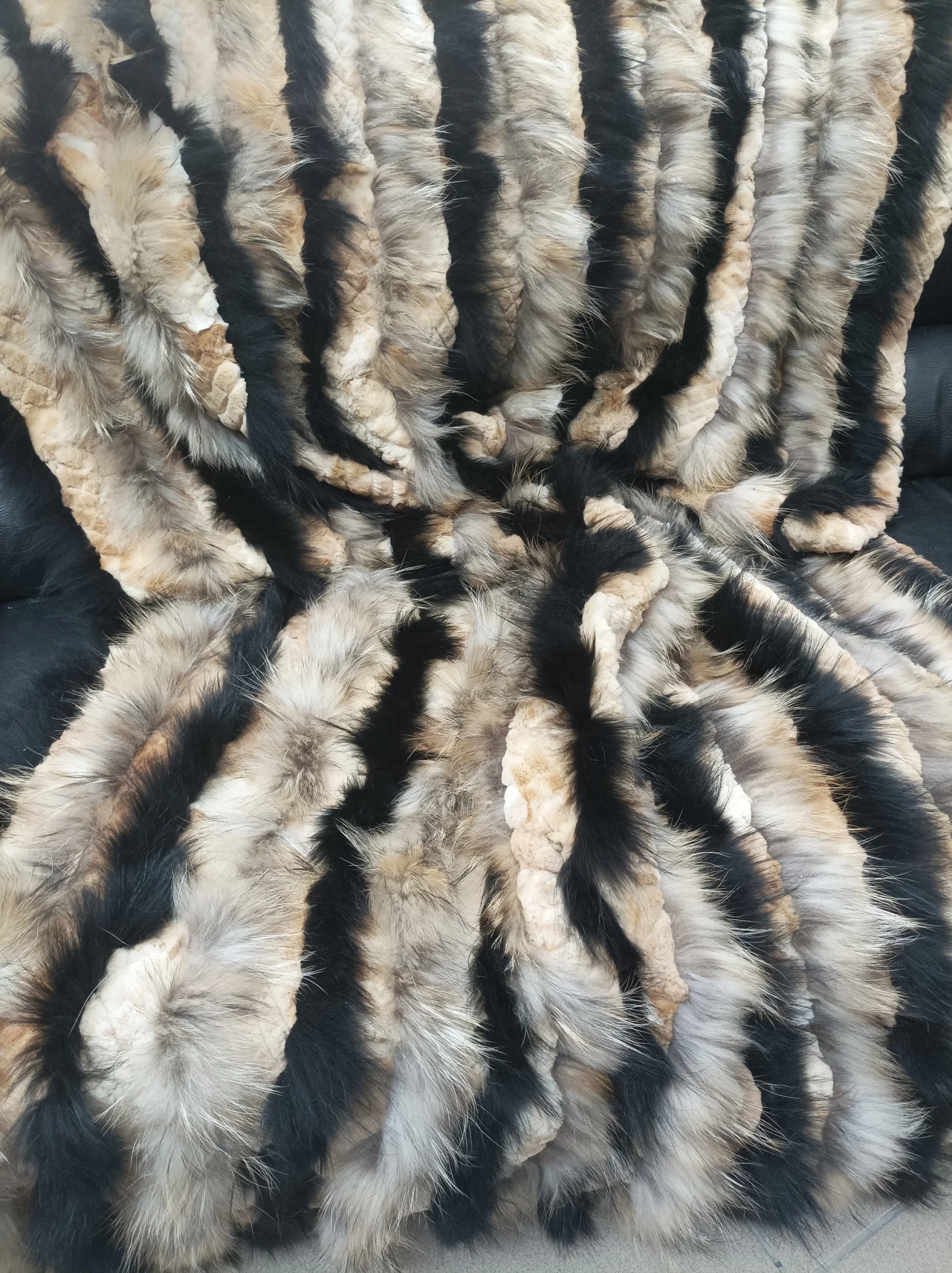 Real Finn raccoon and rex rabbit fur blanket, throw multicolor, Home warmer