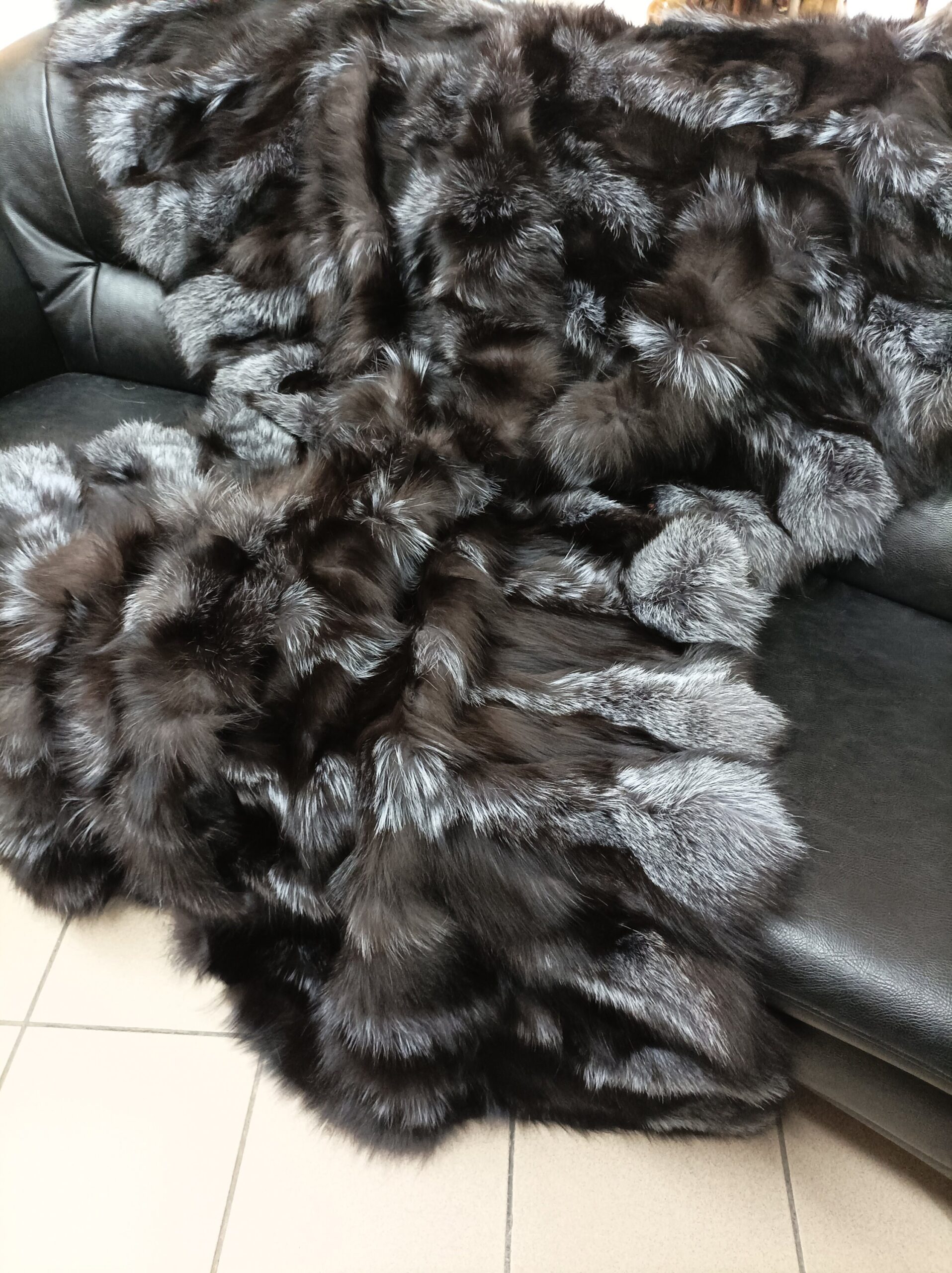 Real Fox Fur Blanket: Silver & Dark Grey Throw, Sofa Cover - Image 2