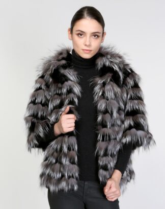 Real Fur Fox with Rex Rabbit Cape - Poncho in silver color with hood