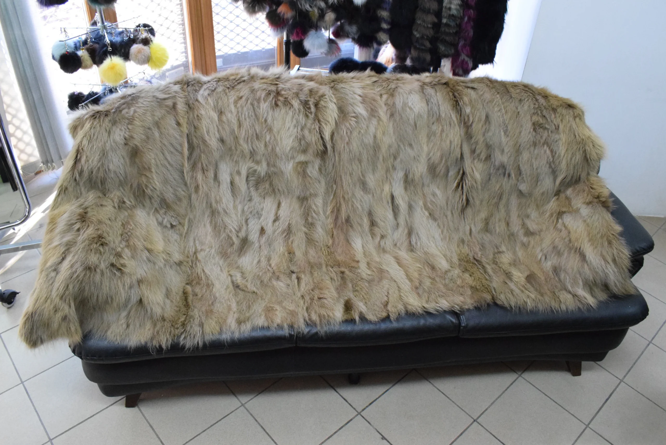 Real Coyote fur blanket throw haki color, Home warmer