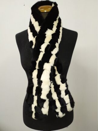 Fur Rex rabbit long scarf black and white color, winter warm accessories.