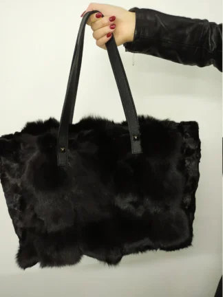 Real Fox & Mink Fur Bag: Black Leather Shoulder Bag