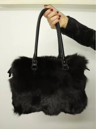 Real Fox & Mink Fur Bag: Black Leather Shoulder Bag