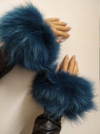 Real Fur Finn Raccoon cuffs in electric blue & green color with elastic on top