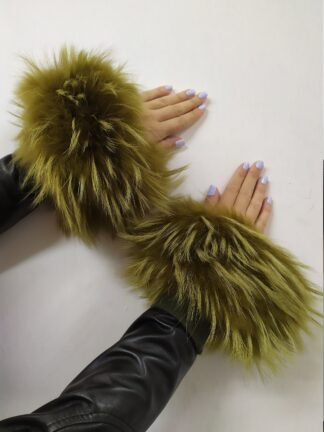 Real Fur Finn Raccoon cuffs with elastic on top in eletric green & yellow color