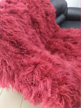 Real Mongolian Lamb fur blanket throw ,red colour, Home warmer