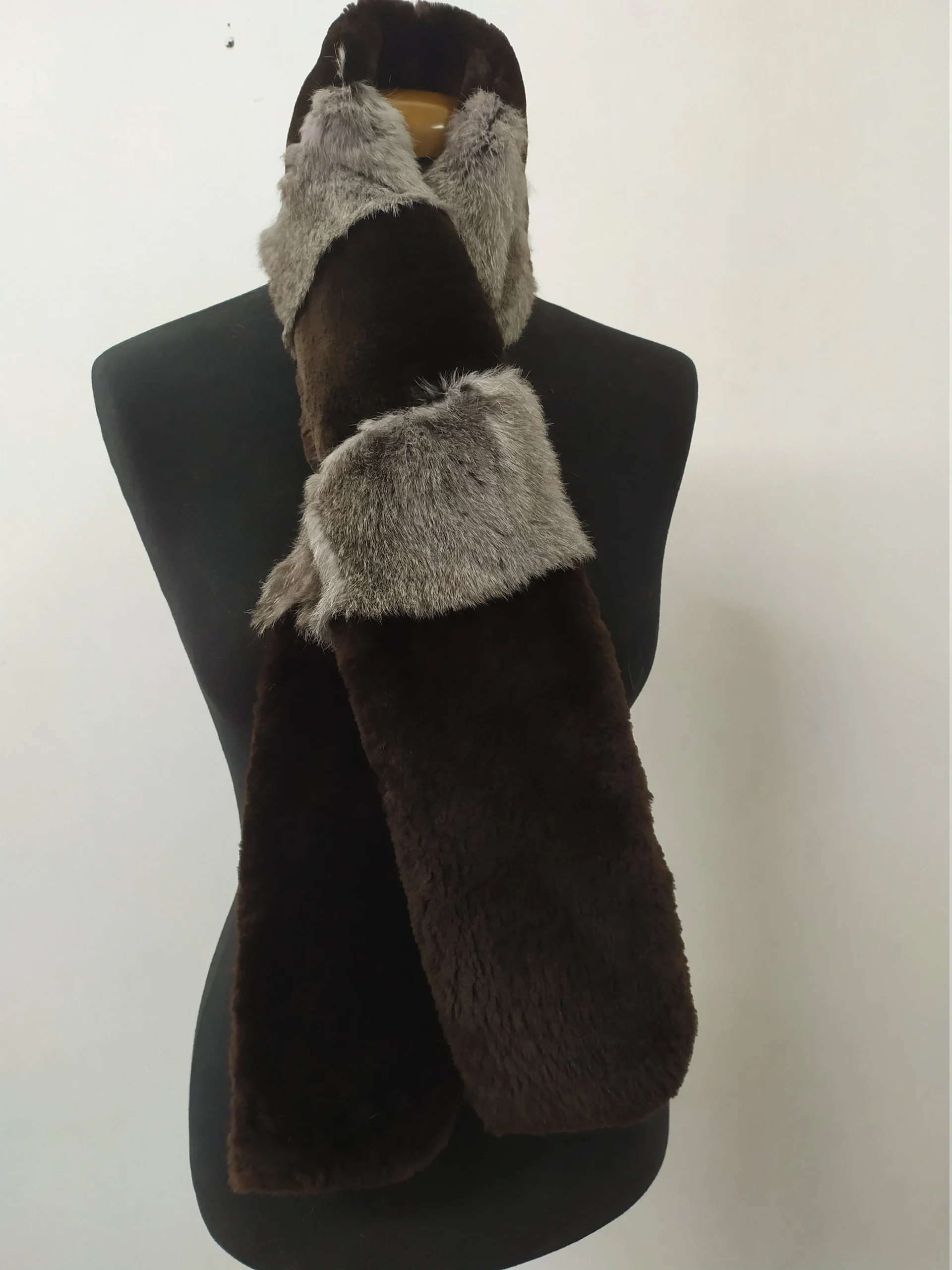 Fur rabbit and Castor long scarf brown & gray colour, winter warm accessories. - Image 4