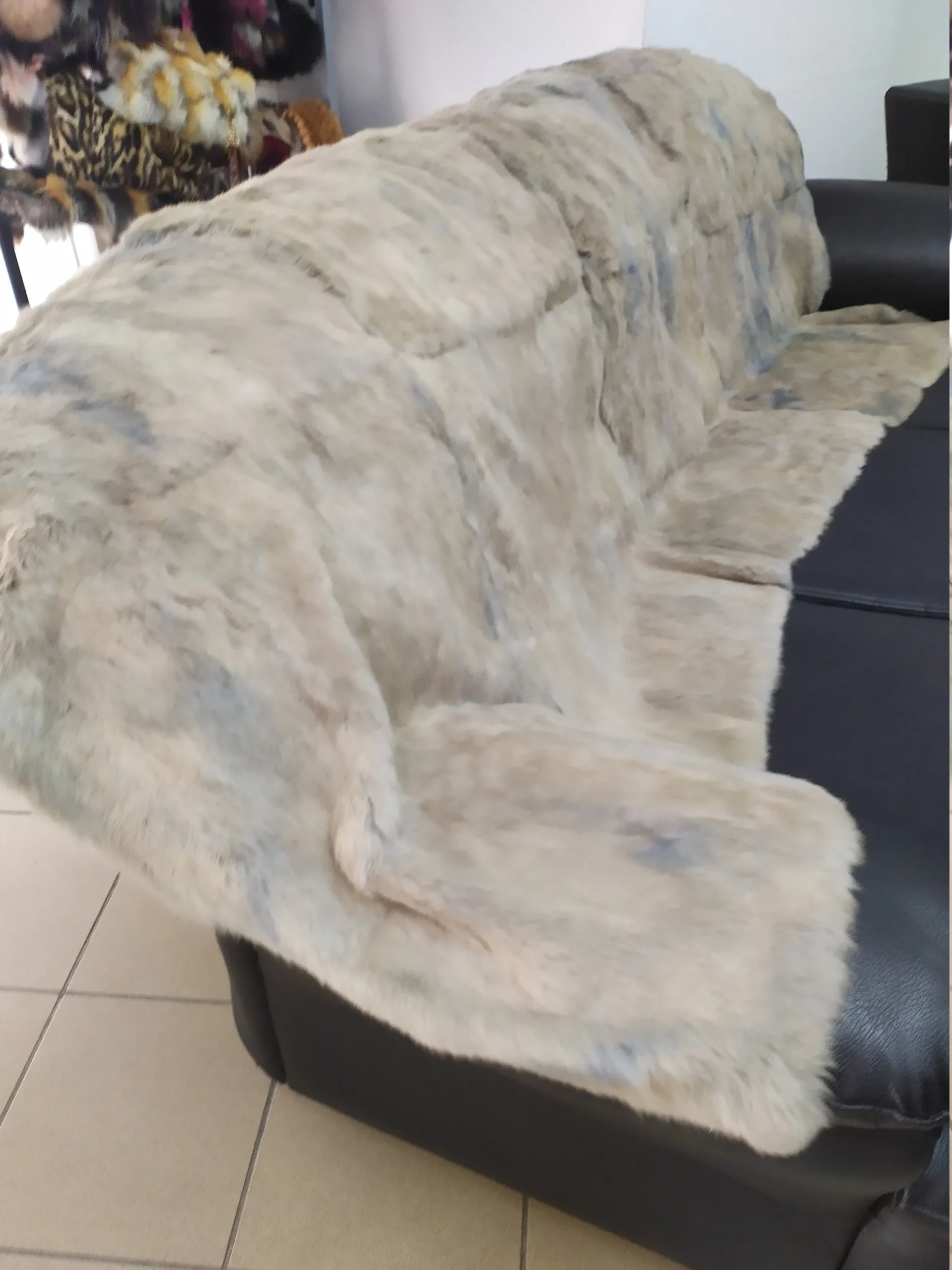 Real Rabbit fur blanket throw light gray & blue highlights, Home warmer