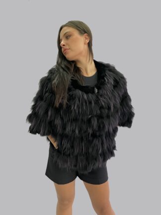 Real Fur black & bordo Finn raccoon with Rex Rabbit Cape poncho, warm garment