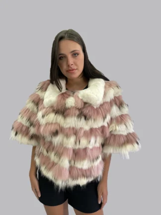 Real Fur white & pink Finn raccoon with Rex Rabbit Cape poncho, warm garment