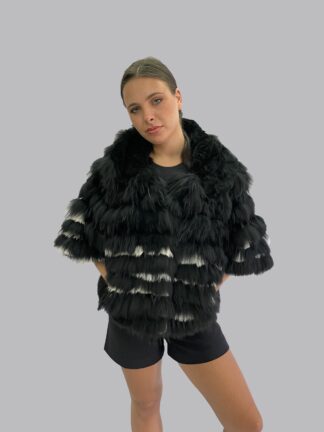 Real Fur black & white Finn raccoon with Rex Rabbit Cape poncho with Hood, warm garment