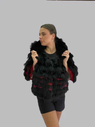 Real Fur black & red Finn raccoon with Rex Rabbit Cape poncho with Hood, warm garment