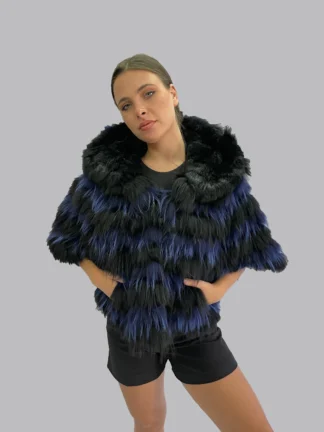 Real Fur black & blue Finn raccoon with Rex Rabbit Cape poncho with Hood, warm garment